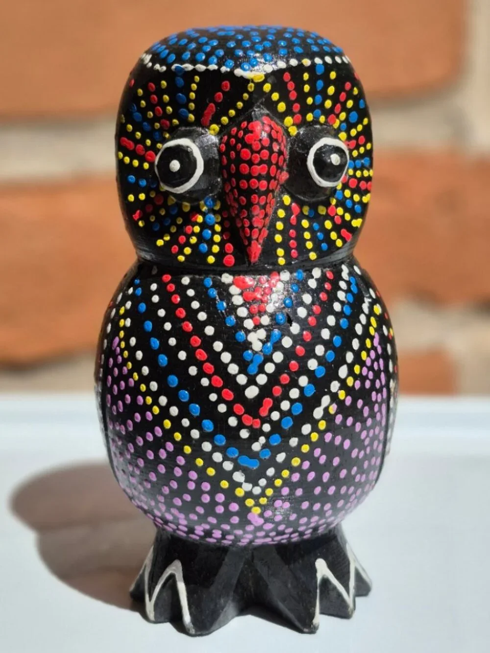 Hand Painted Wooden Owl Figurine Dot Art Folk Art Sculpture